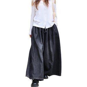 Women Extra Wide Leg Denim Pants Cotton Casual Loose Elastic Waist Pockets